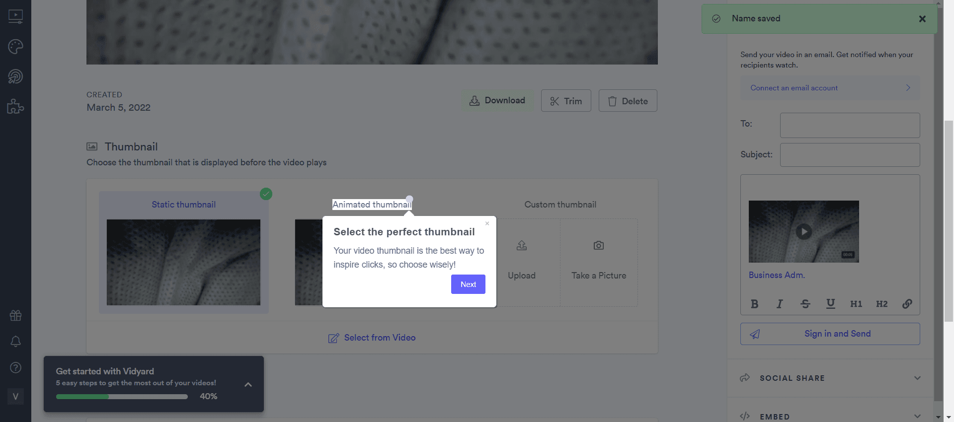 Vidyard tour tooltip 'Select the perfect thumbnail' on the thumbnail options