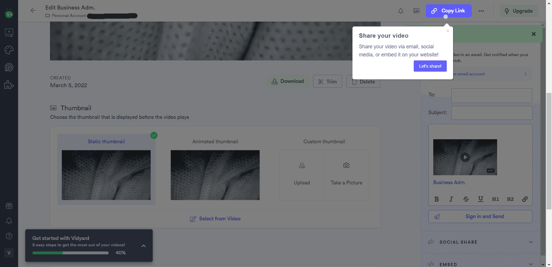 Vidyard tour tooltip 'Share your video' pointing to the Copy Link button