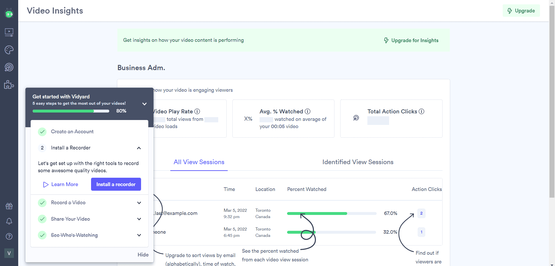 Vidyard Video Insights page with the onboarding checklist at 80% and one task left