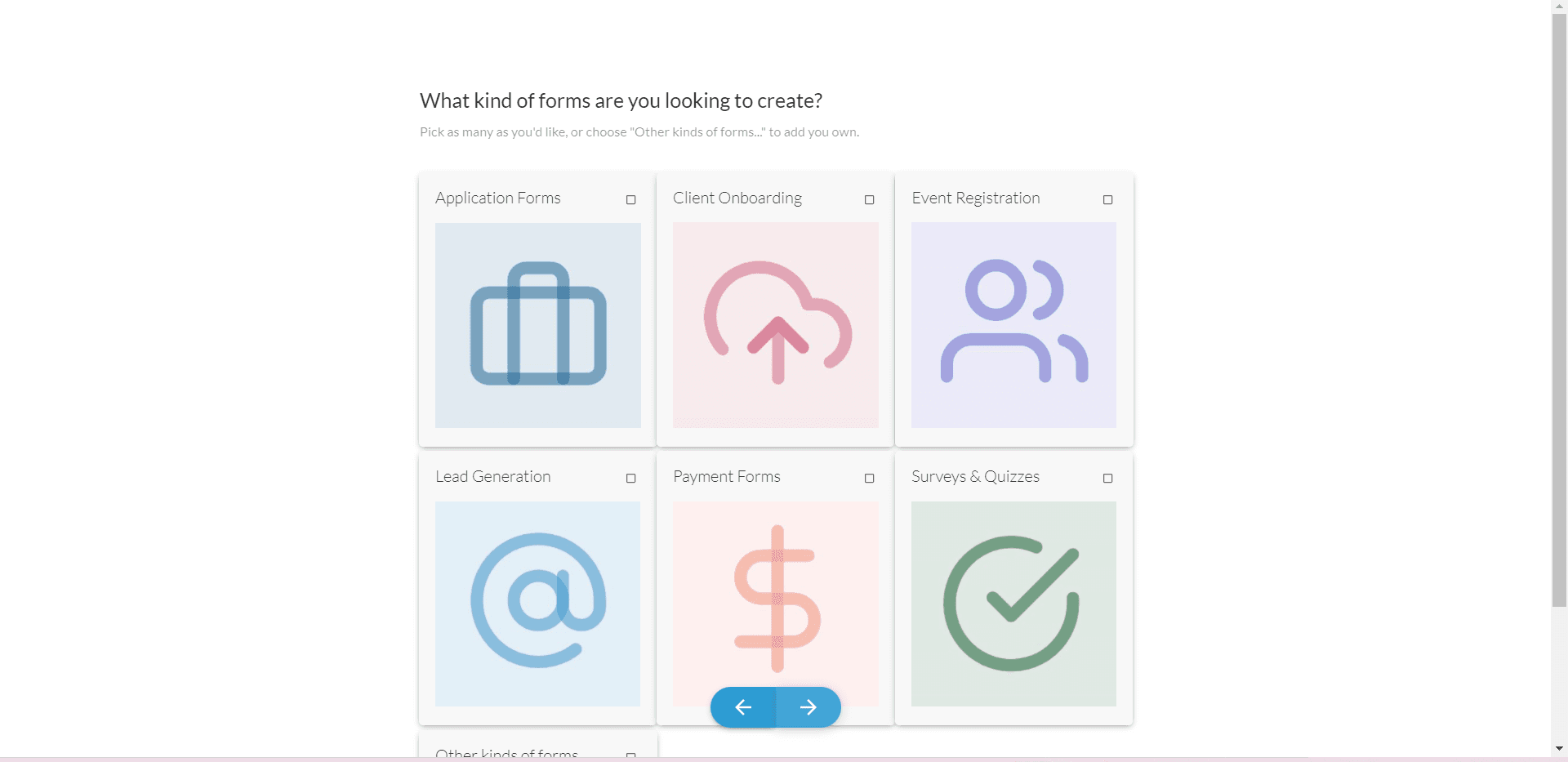 Paperform setup question: what kinds of forms you want to create, shown as image cards