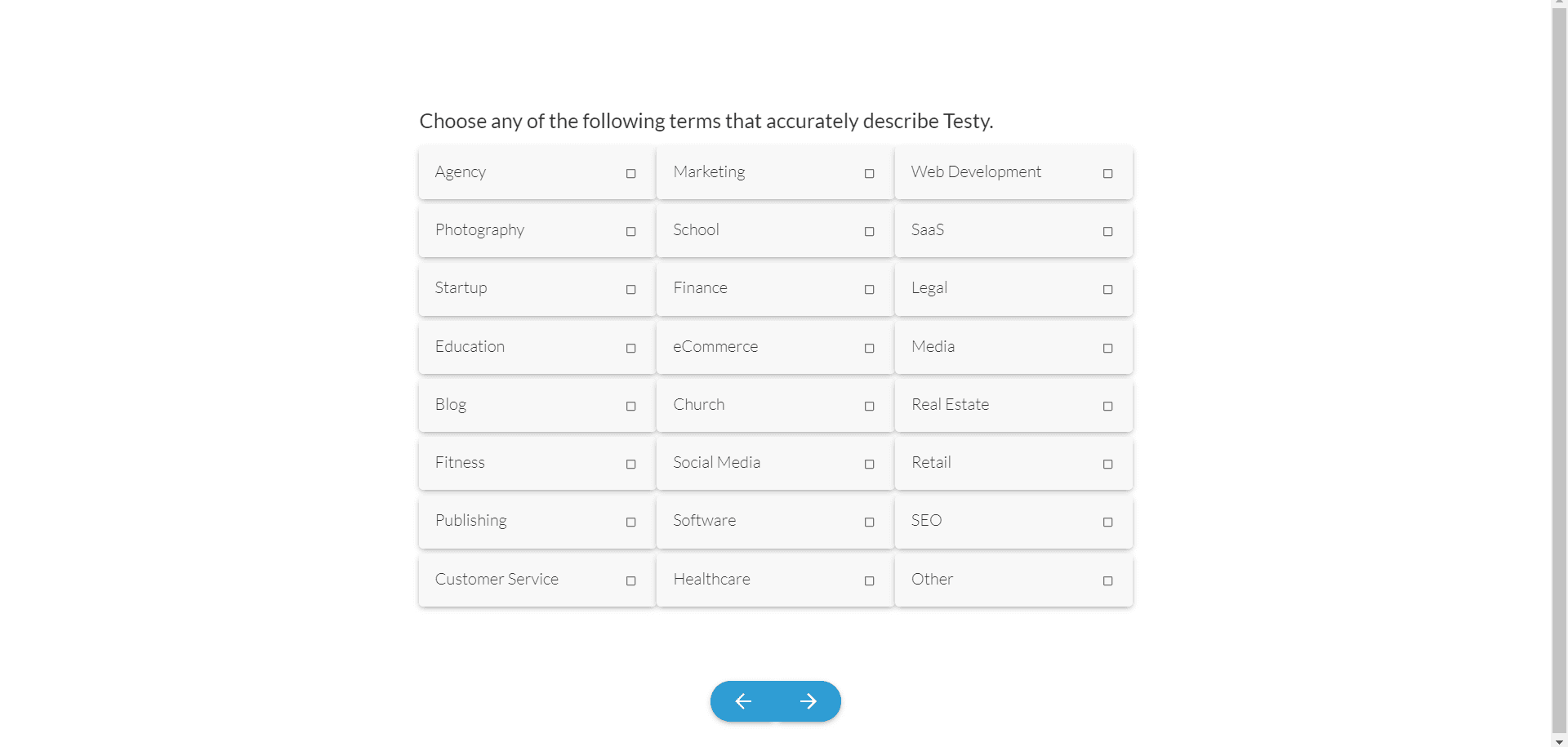 Paperform setup question: pick the terms that describe your organisation from 24 industries