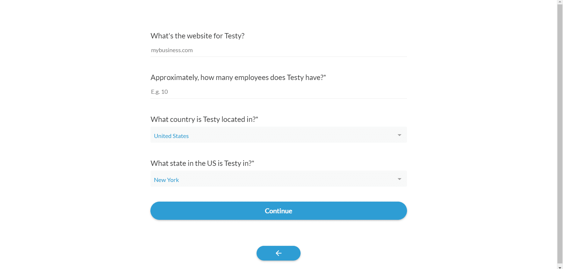 Paperform setup questions on website, number of employees, country and state