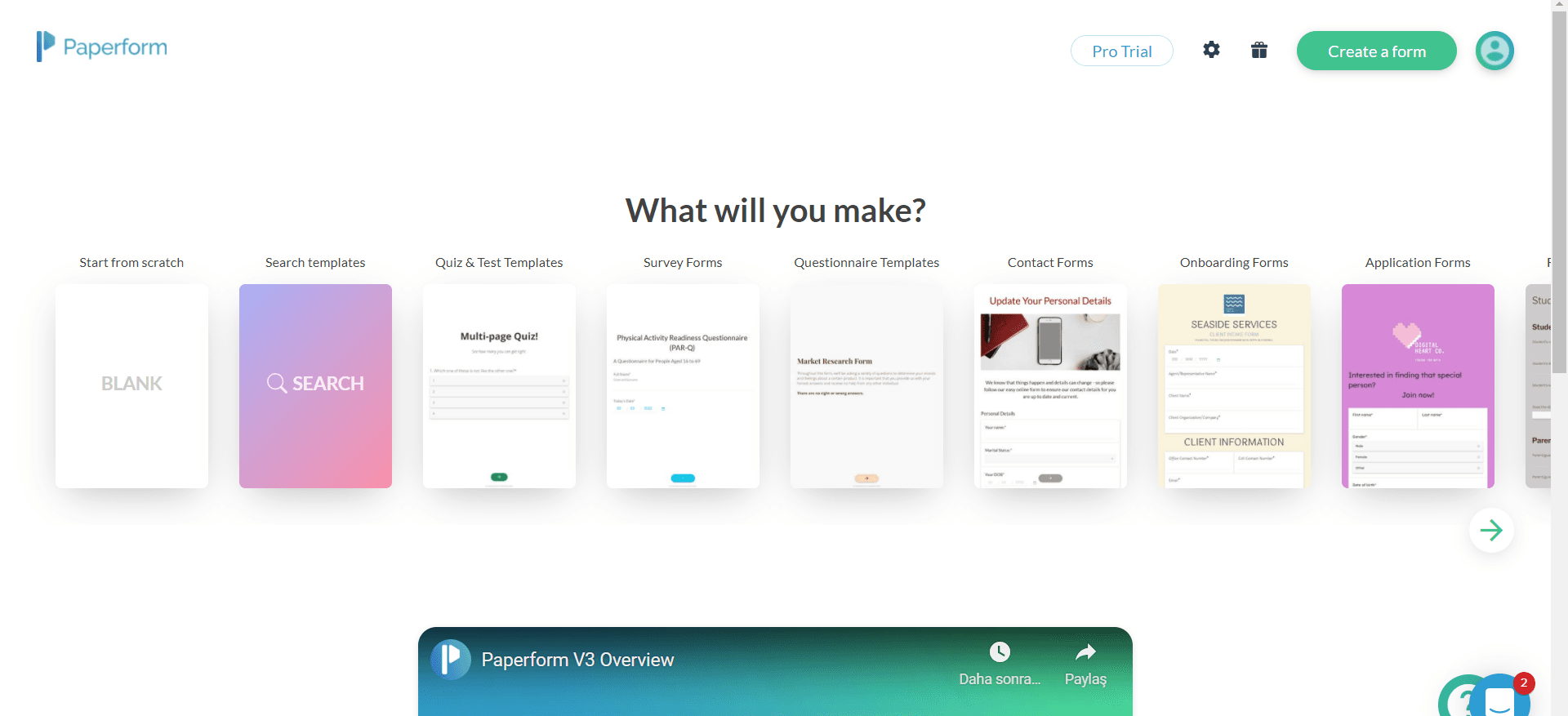 Paperform dashboard 'What will you make?' with Start from scratch and rows of templates