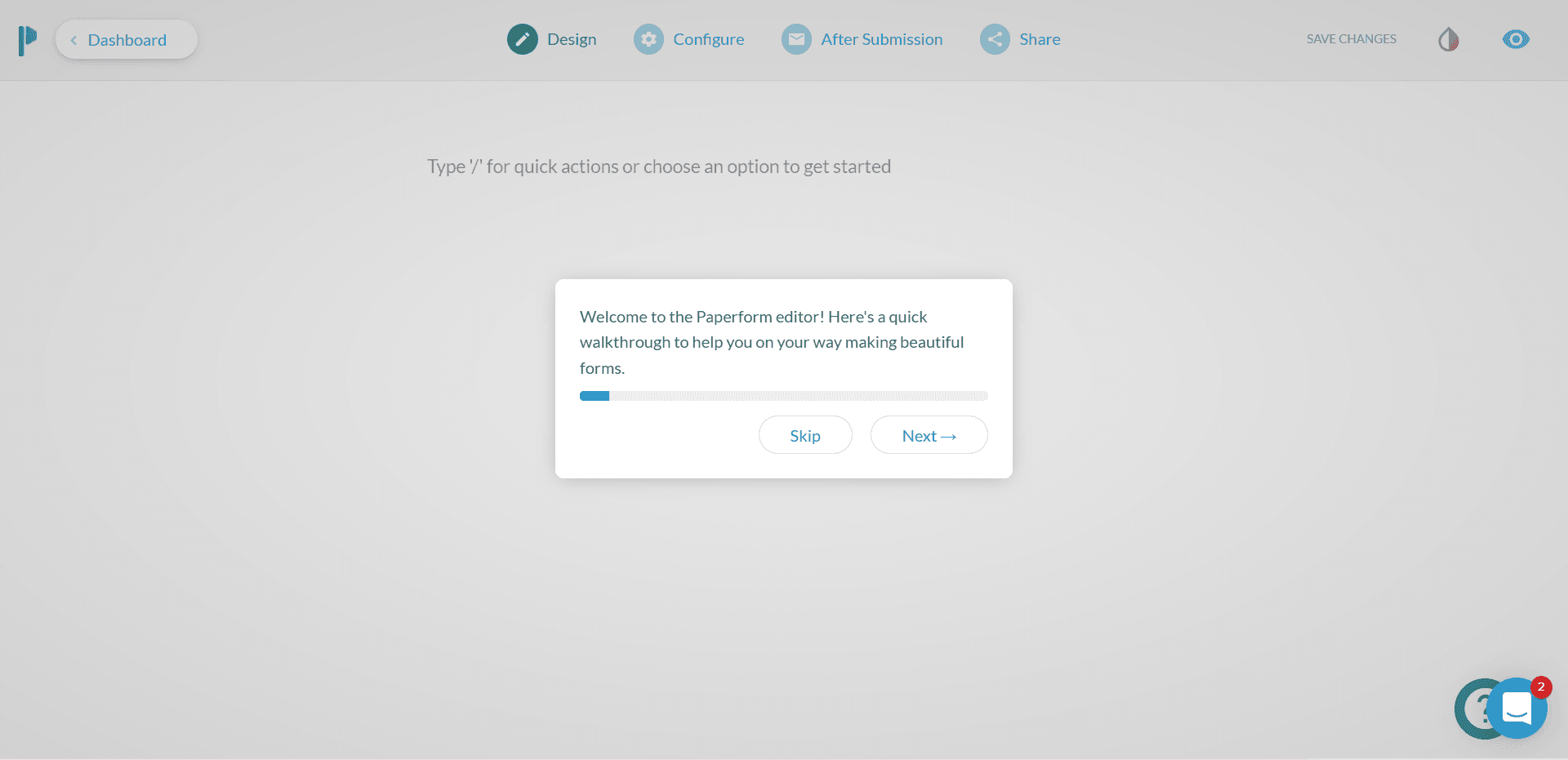 Paperform editor welcome tooltip offering a quick walkthrough, with Skip and Next buttons