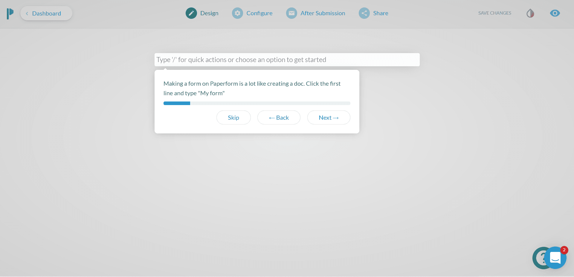 Paperform walkthrough step asking you to click the first line and type 'My form'