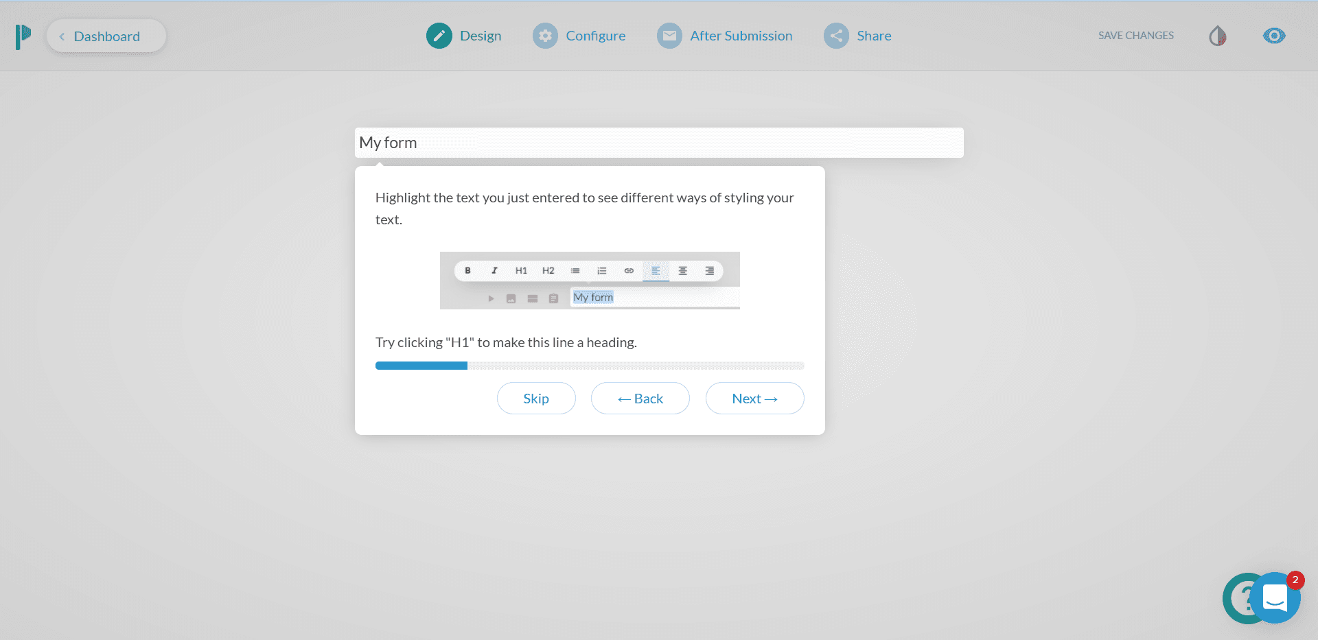 Paperform walkthrough step showing the text toolbar and suggesting H1 for a heading