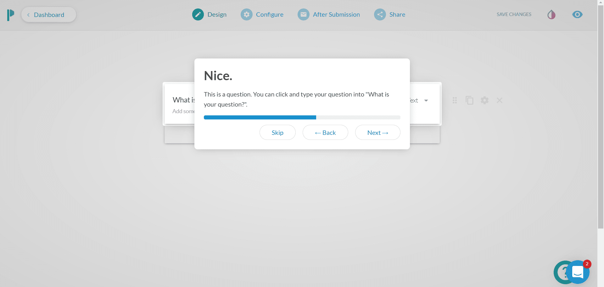 Paperform walkthrough step 'Nice.' explaining how to type a question