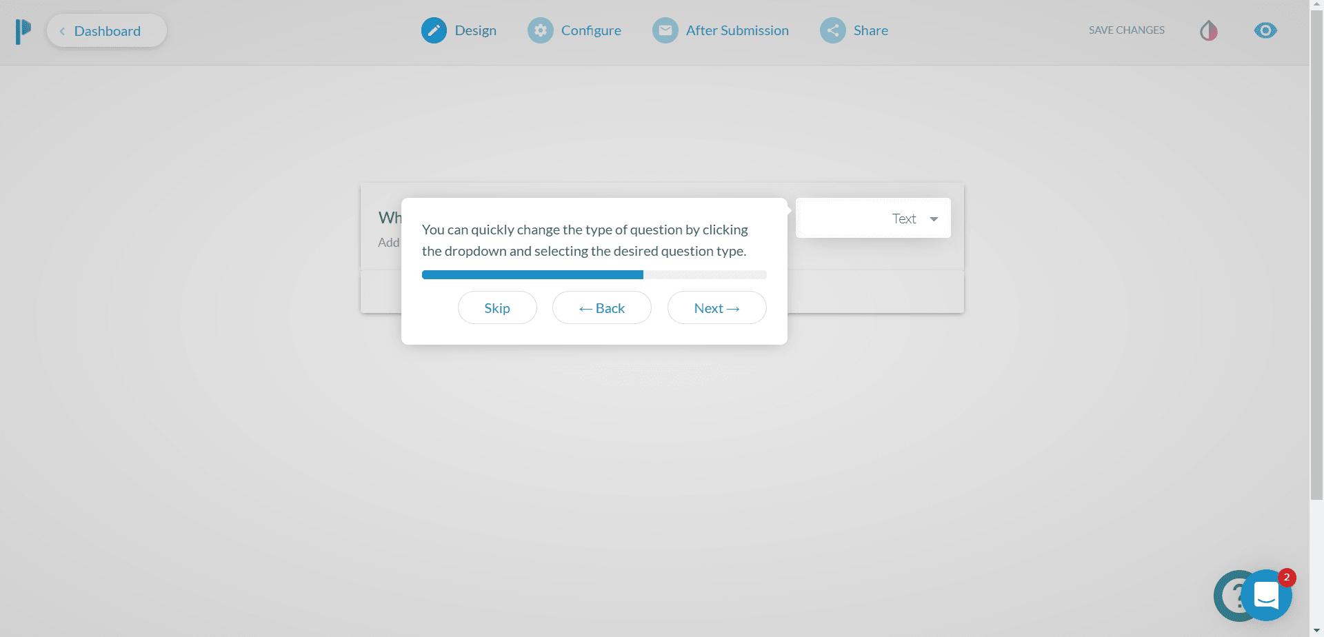 Paperform walkthrough step pointing to the question type dropdown