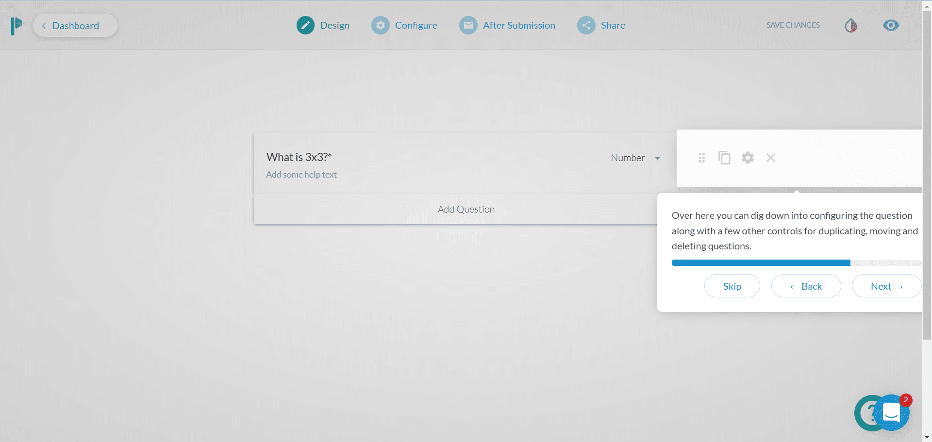 Paperform walkthrough step on the controls for configuring, duplicating, moving and deleting questions