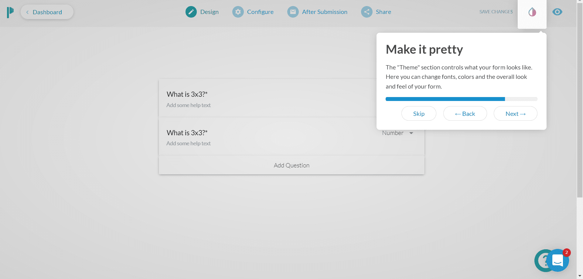 Paperform walkthrough step 'Make it pretty' on the Theme button