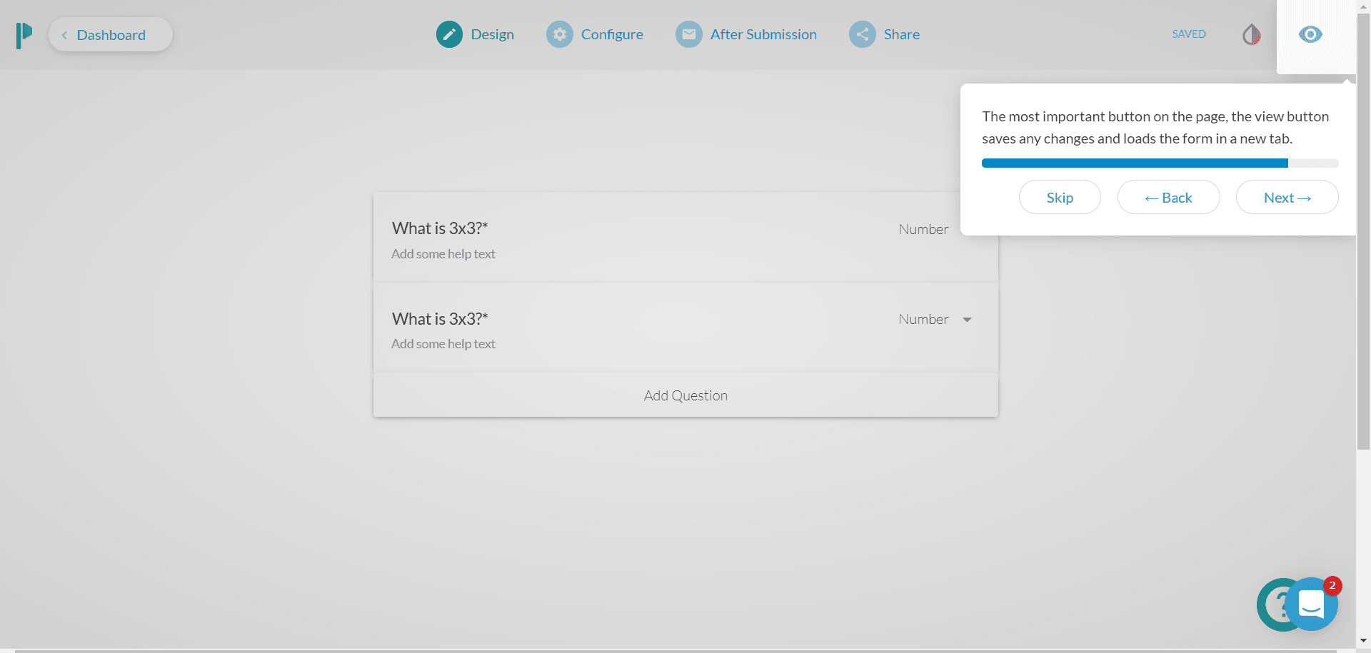 Paperform walkthrough step on the View button, which saves and opens the form in a new tab