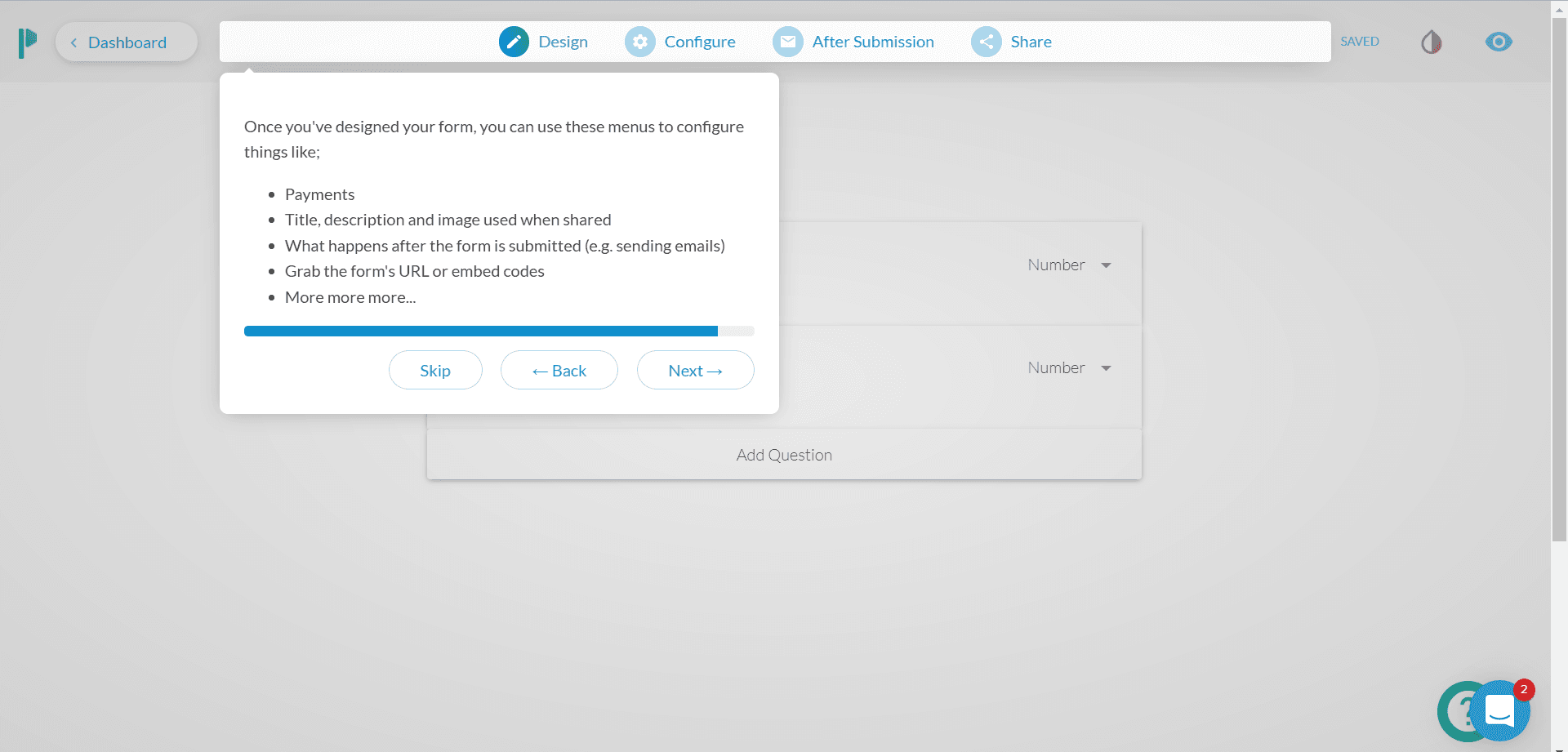Paperform walkthrough step on the configuration menus: payments, sharing, after-submission actions, URL and embed codes