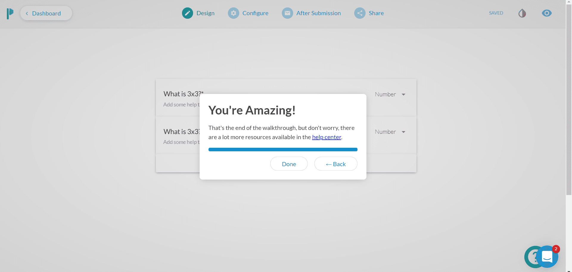 Paperform end-of-walkthrough modal: 'You're Amazing!' with a link to the help centre