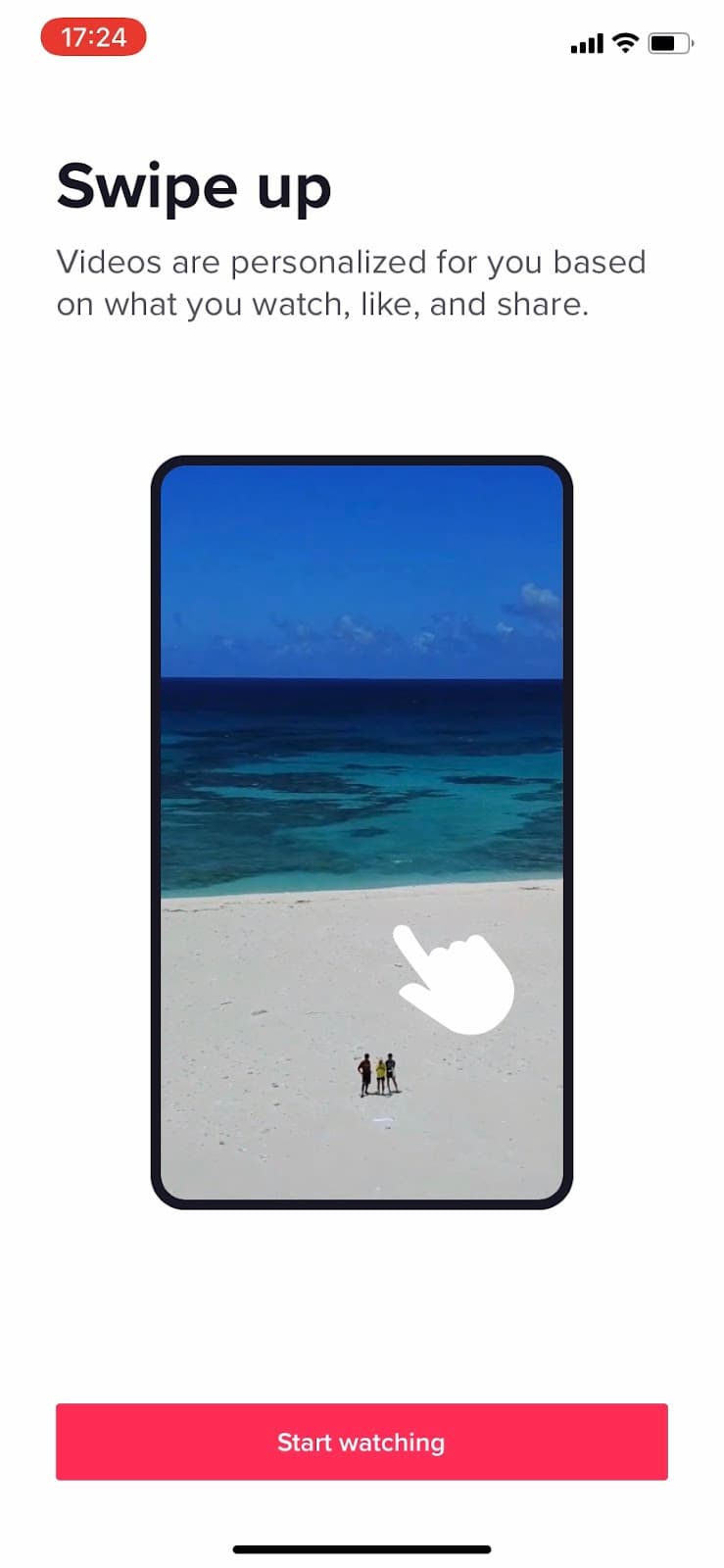 TikTok Swipe up screen with a hand gesture on a phone showing a beach video and a Start watching button