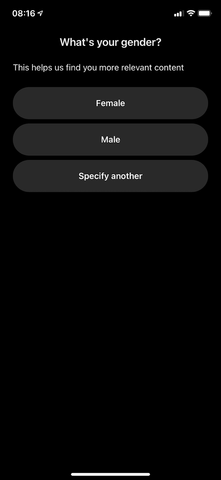 Pinterest screen asking What's your gender?, with Female, Male and Specify another buttons