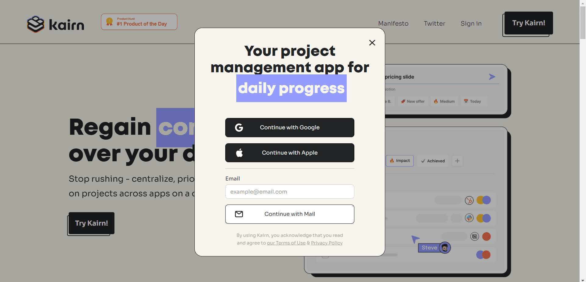 Kairn's signup modal with Continue with Google, Continue with Apple and email options
