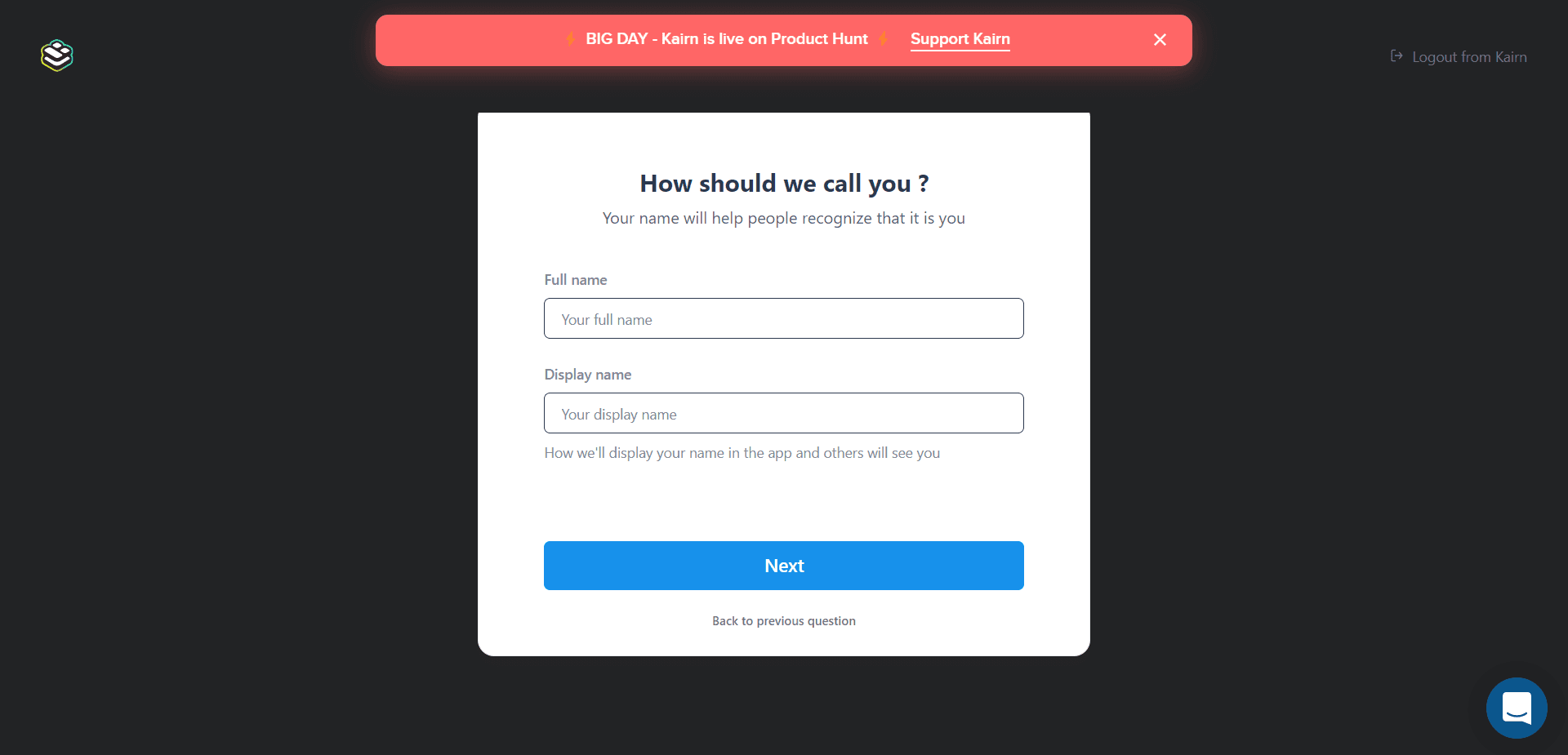 Kairn setup question 'How should we call you?' asking for a full name and a display name