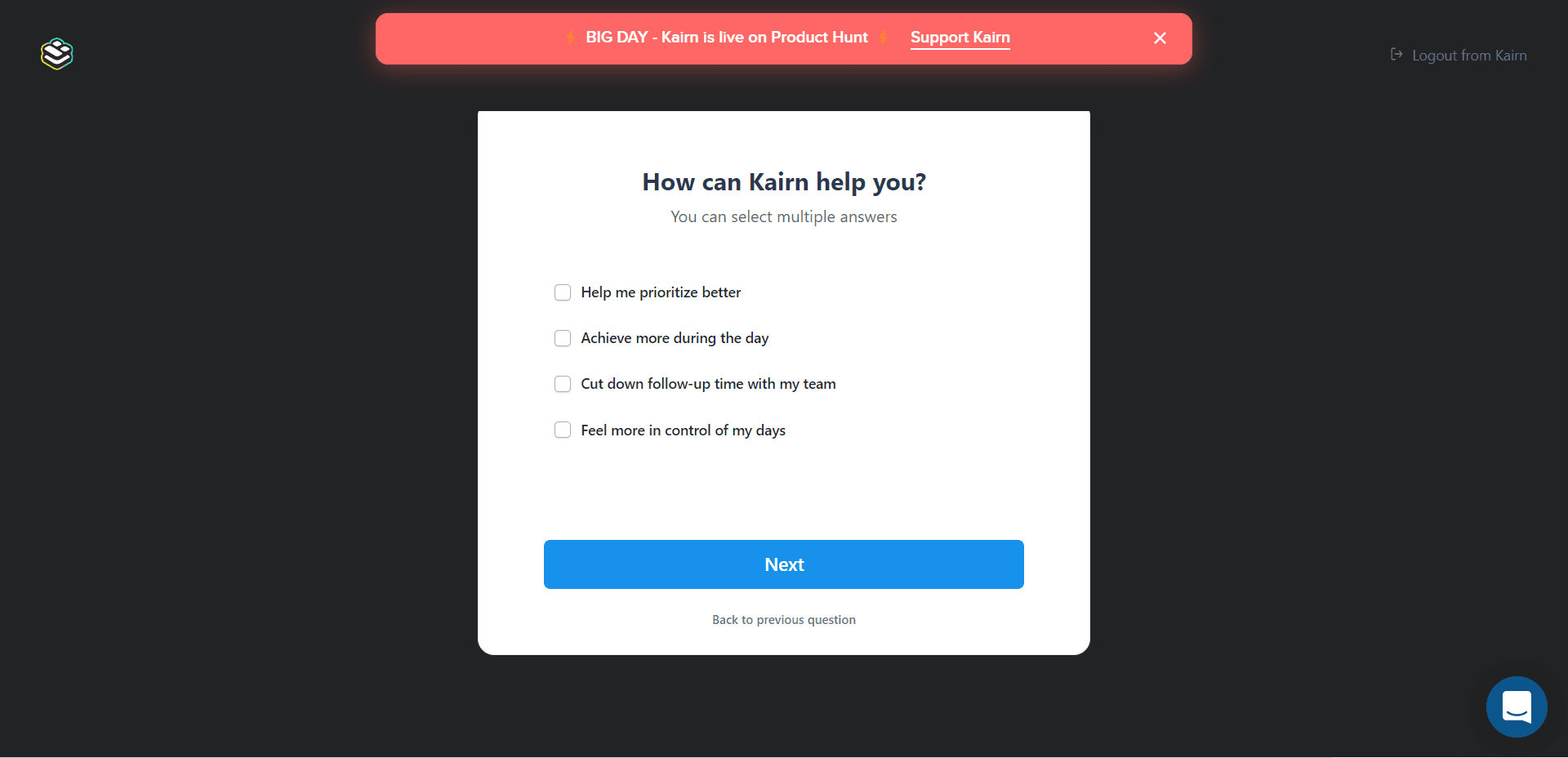 Kairn setup question 'How can Kairn help you?' with four goals to tick
