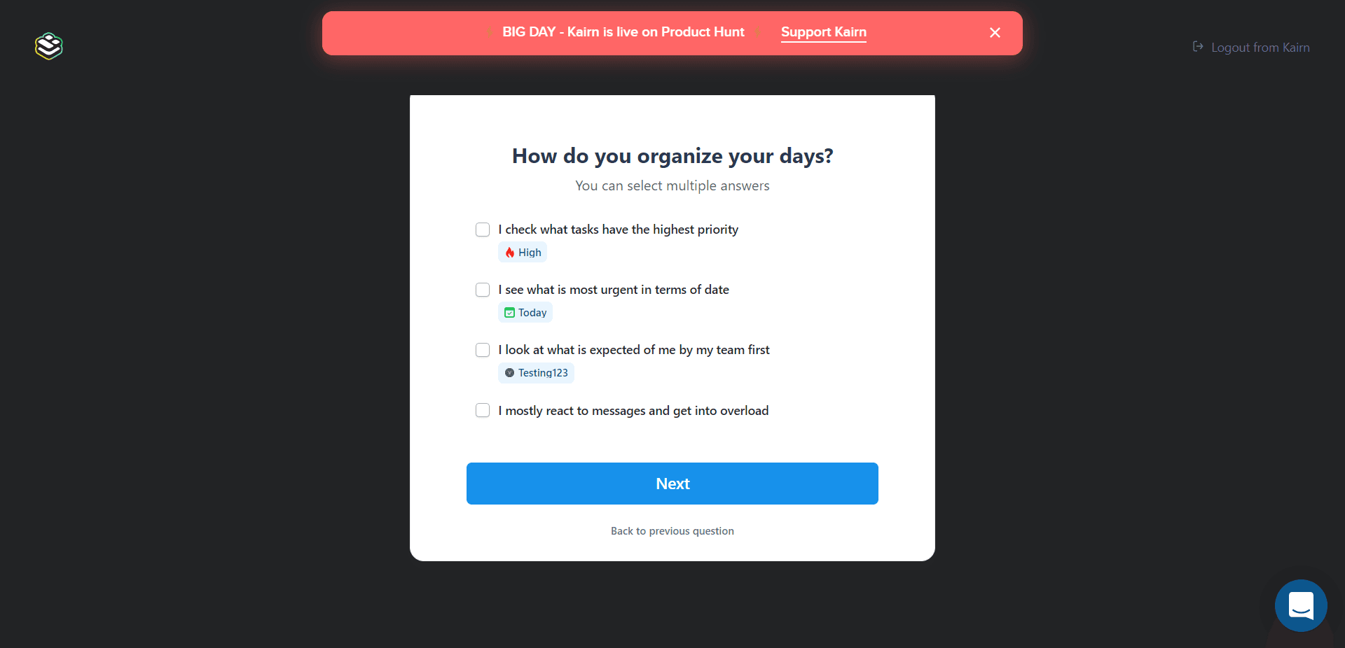 Kairn setup question 'How do you organize your days?' with four habits to tick