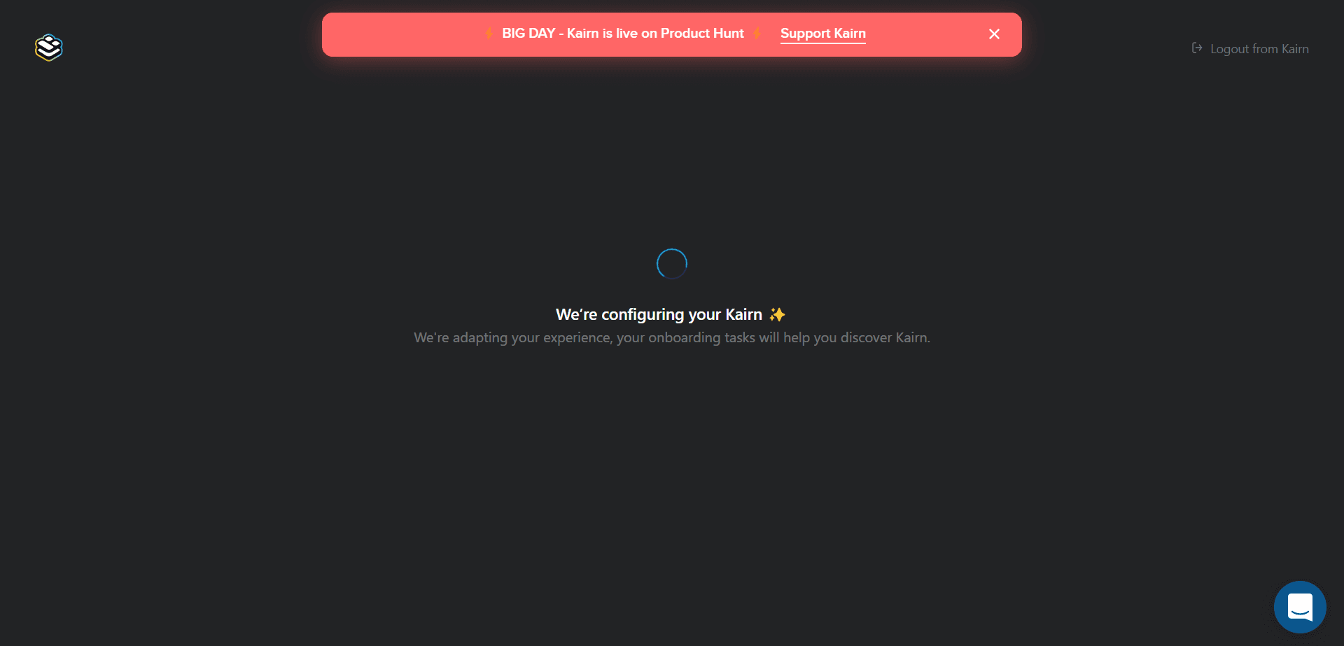 Kairn loading screen: 'We're configuring your Kairn'