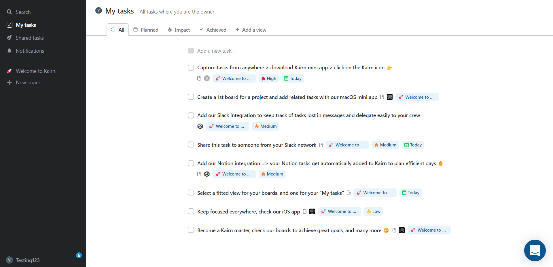 Kairn's My tasks list prefilled with eight onboarding tasks tagged 'Welcome to Kairn'