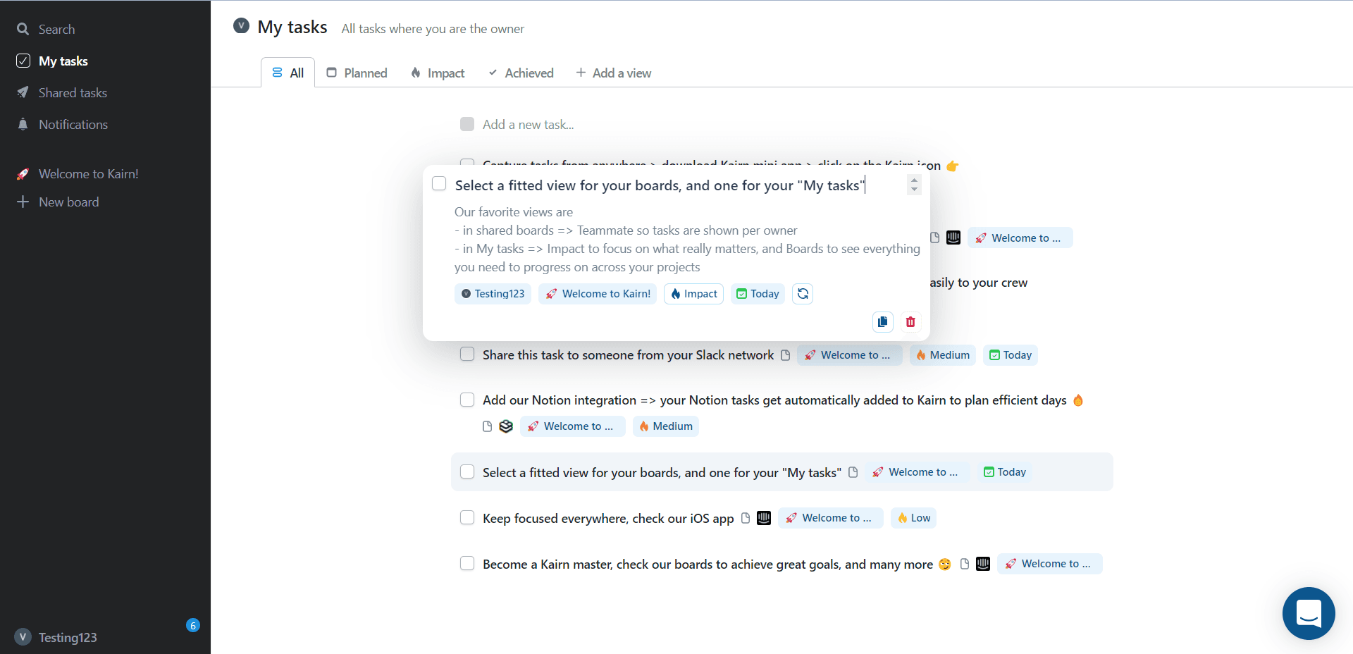 An opened Kairn onboarding task explaining which board views to pick