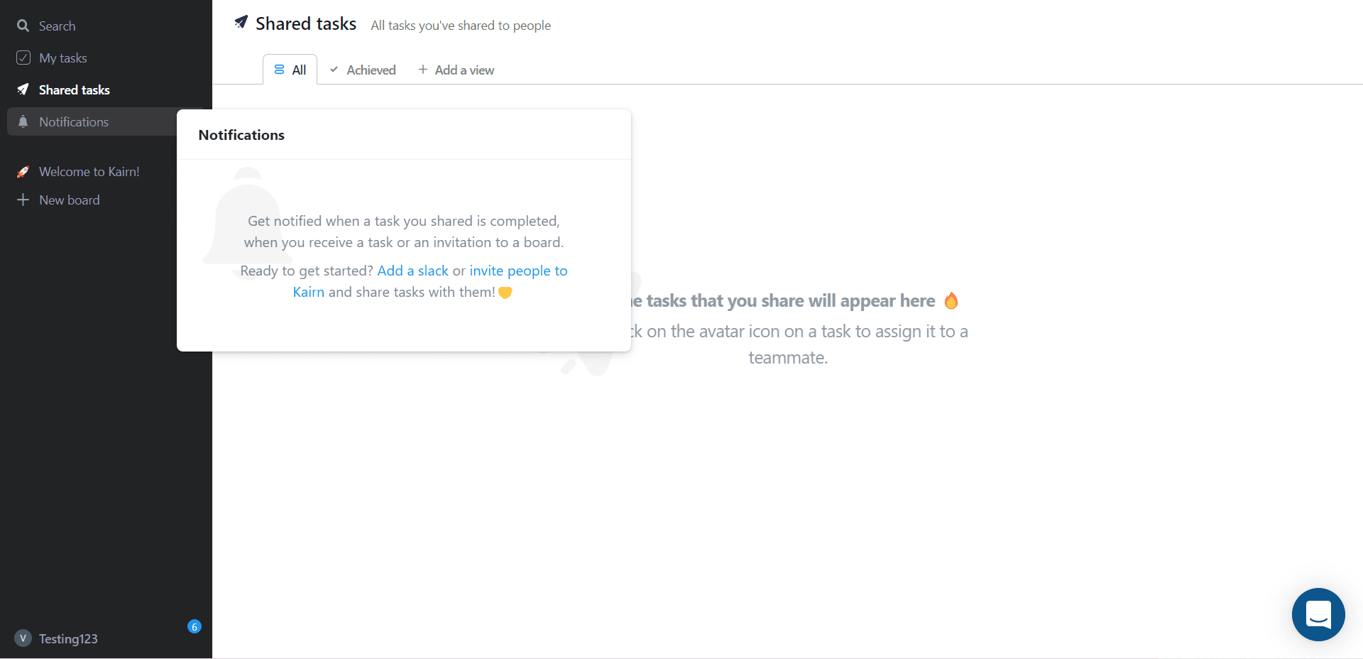Kairn notifications panel with an empty-state message suggesting adding Slack or inviting people