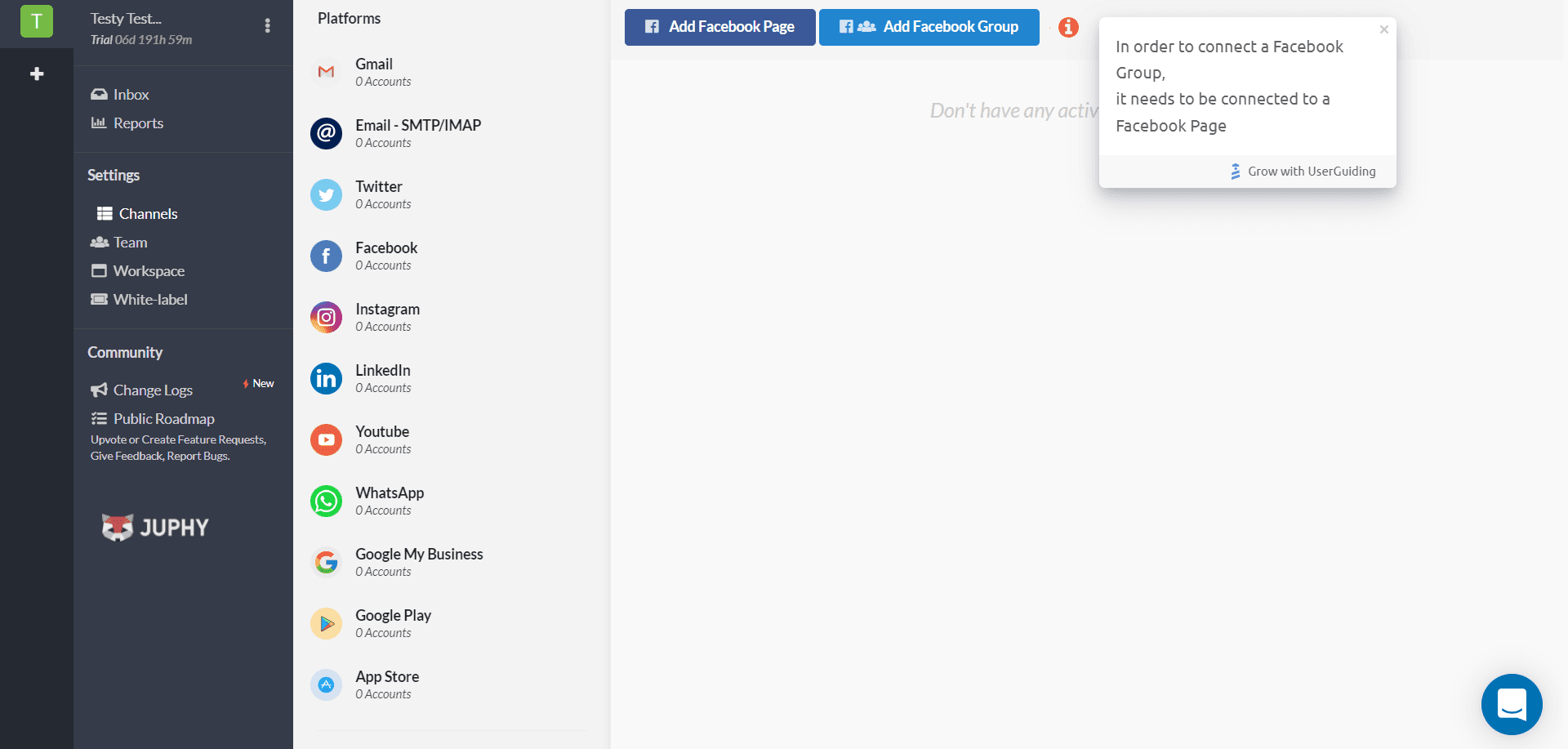 Juphy platforms page with a tooltip explaining that a Facebook Group needs a connected Facebook Page