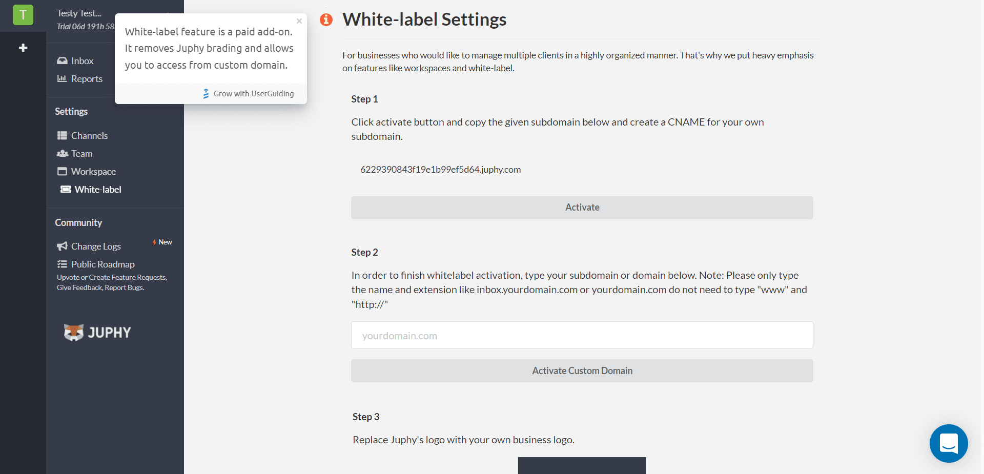 Juphy white-label settings with a tooltip saying the feature is a paid add-on
