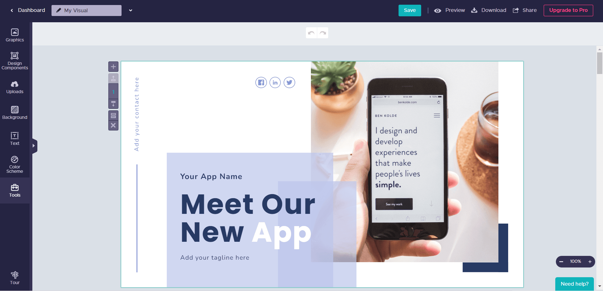 Piktochart editor with a presentation template open and a Tour button in the left toolbar