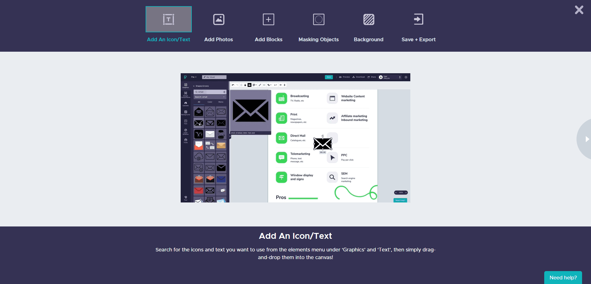 Piktochart tour panel 'Add an icon/text' with a GIF and short instructions