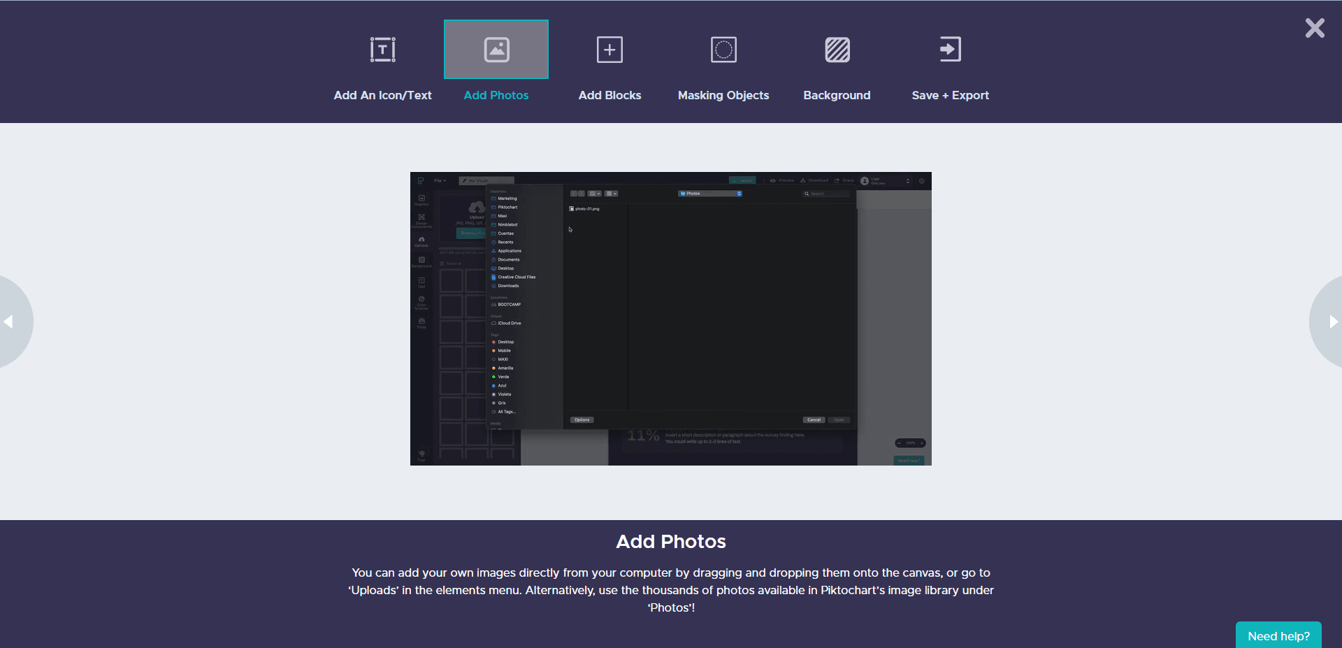 Piktochart tour panel 'Add photos' with a GIF and short instructions