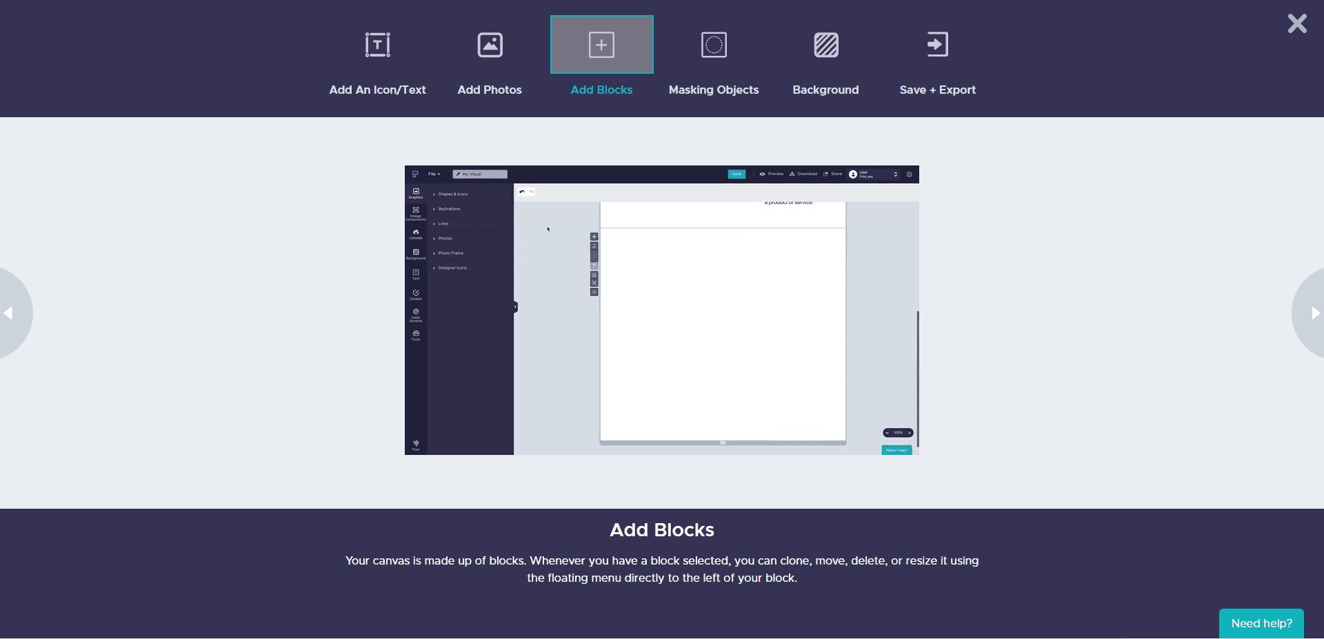 Piktochart tour panel 'Add blocks' with a GIF and short instructions