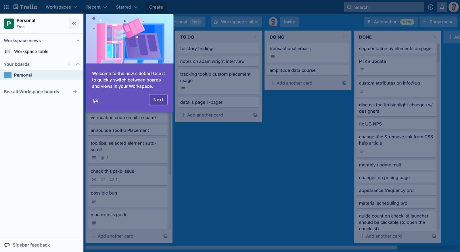 Trello tooltip, step 1 of 4, welcoming users to the new sidebar for switching between boards and views