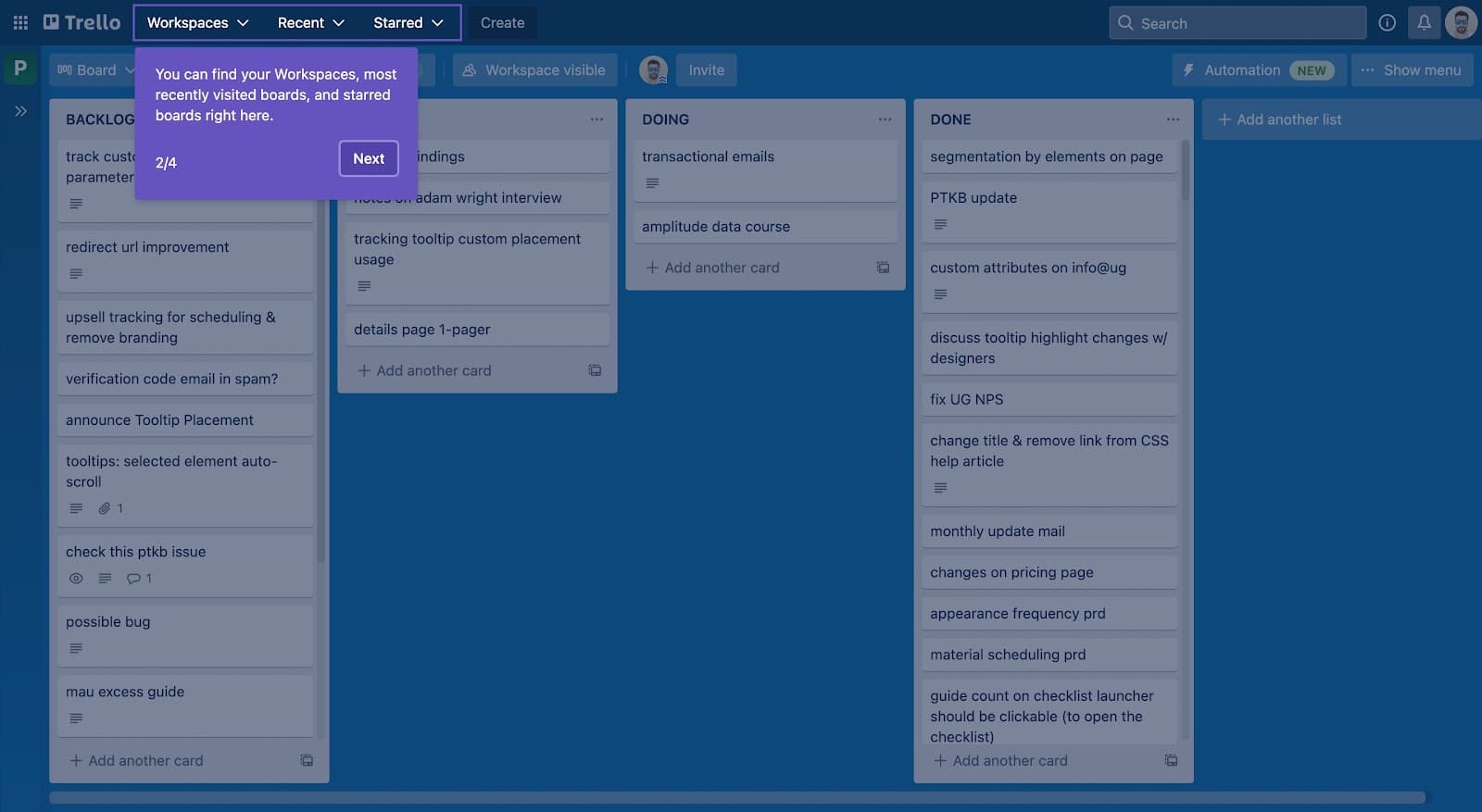 Trello tooltip, step 2 of 4, pointing at the highlighted Workspaces, Recent and Starred menus