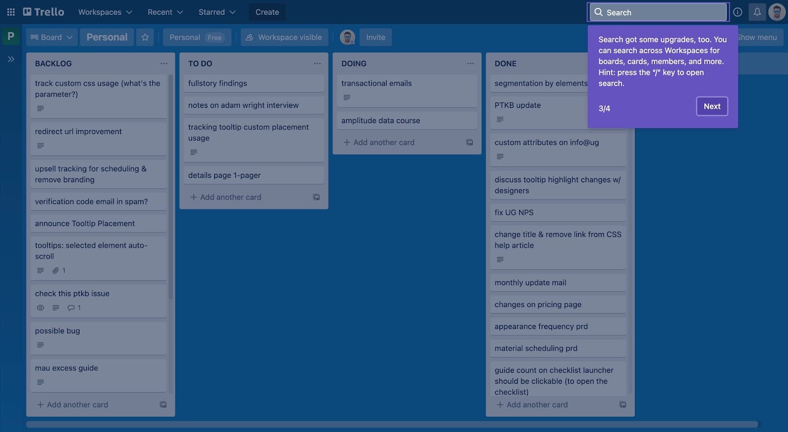 Trello tooltip, step 3 of 4, below the search bar, explaining search upgrades and the / shortcut