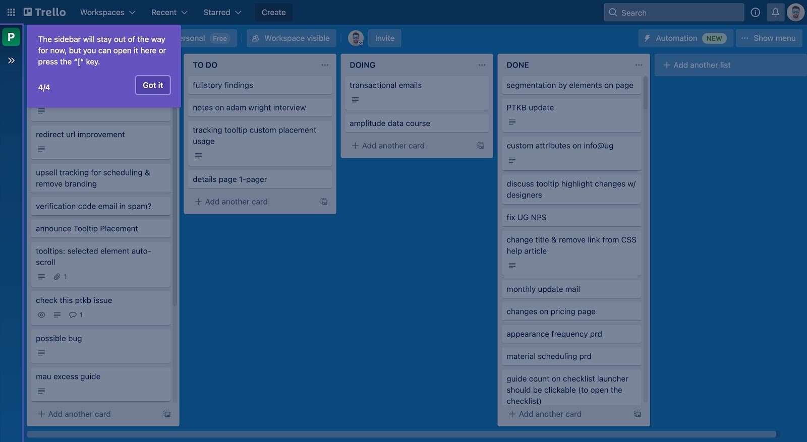Trello tooltip, step 4 of 4, explaining how to reopen the collapsed sidebar, with a Got it button