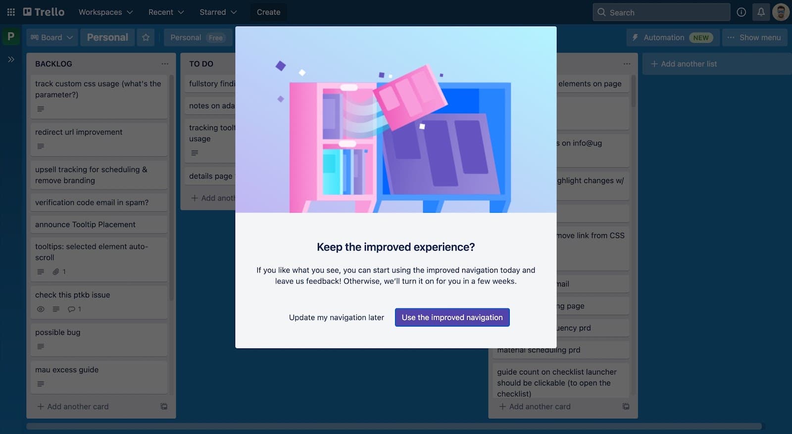 Trello modal asking Keep the improved experience? with Update my navigation later and Use the improved navigation buttons