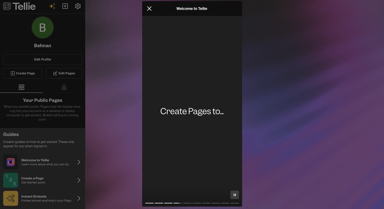 Tellie story slide reading Create Pages to… with a segmented progress bar and a pause button