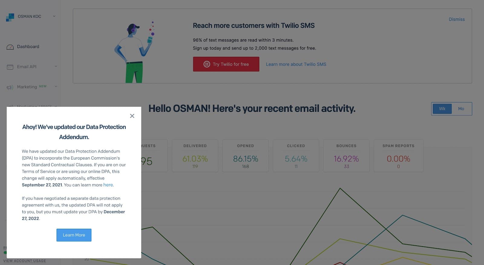 SendGrid slideout at the bottom left of a dimmed dashboard, headed Ahoy! We've updated our Data Protection Addendum