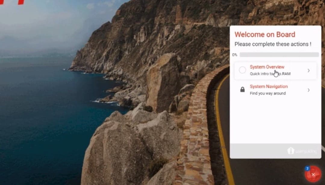 RAM Welcome on Board checklist at 0% with System Overview and a locked System Navigation item
