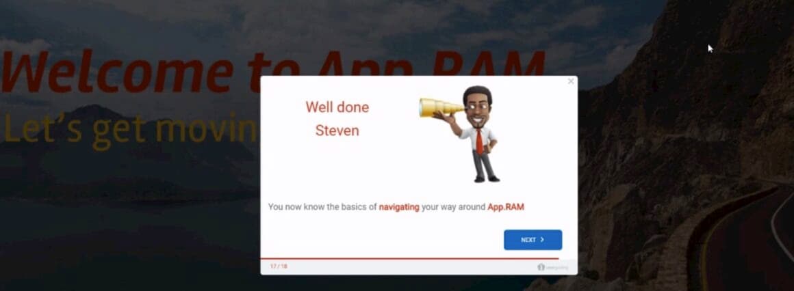 RAM modal, step 17 of 18, where Sam with a telescope says Well done Steven