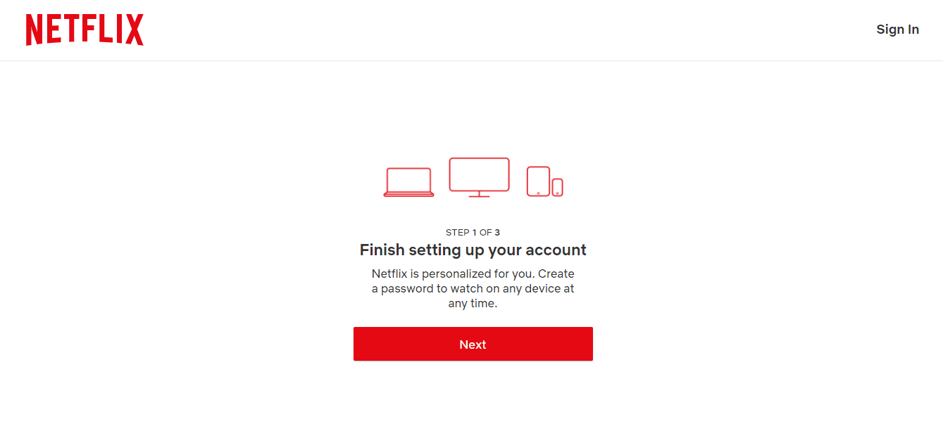 Netflix Step 1 of 3 screen titled Finish setting up your account, with device icons and a Next button