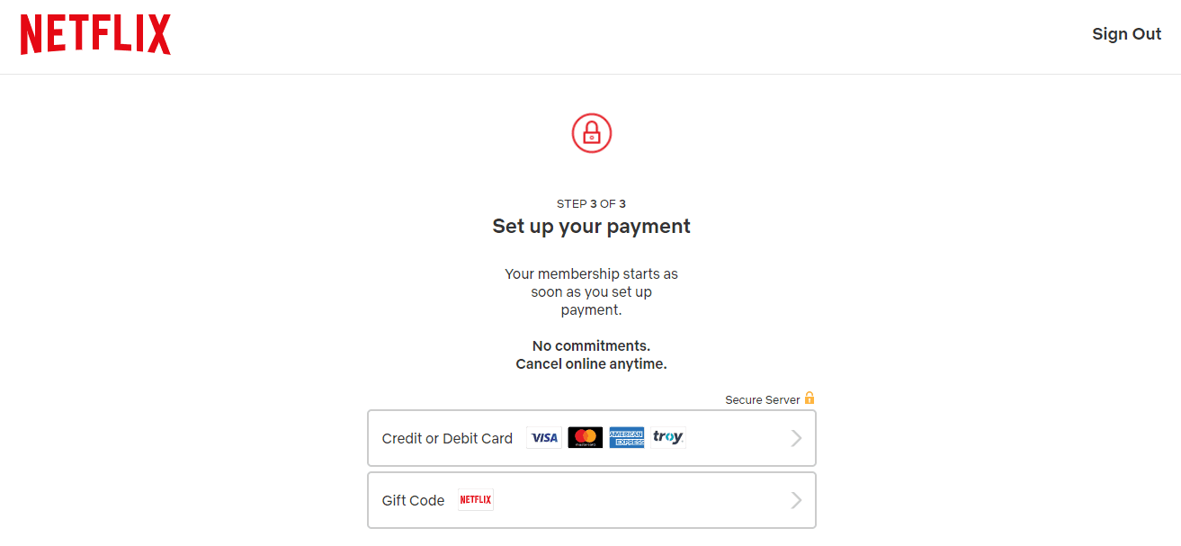 Netflix Step 3 of 3, Set up your payment, with Credit or Debit Card and Gift Code options