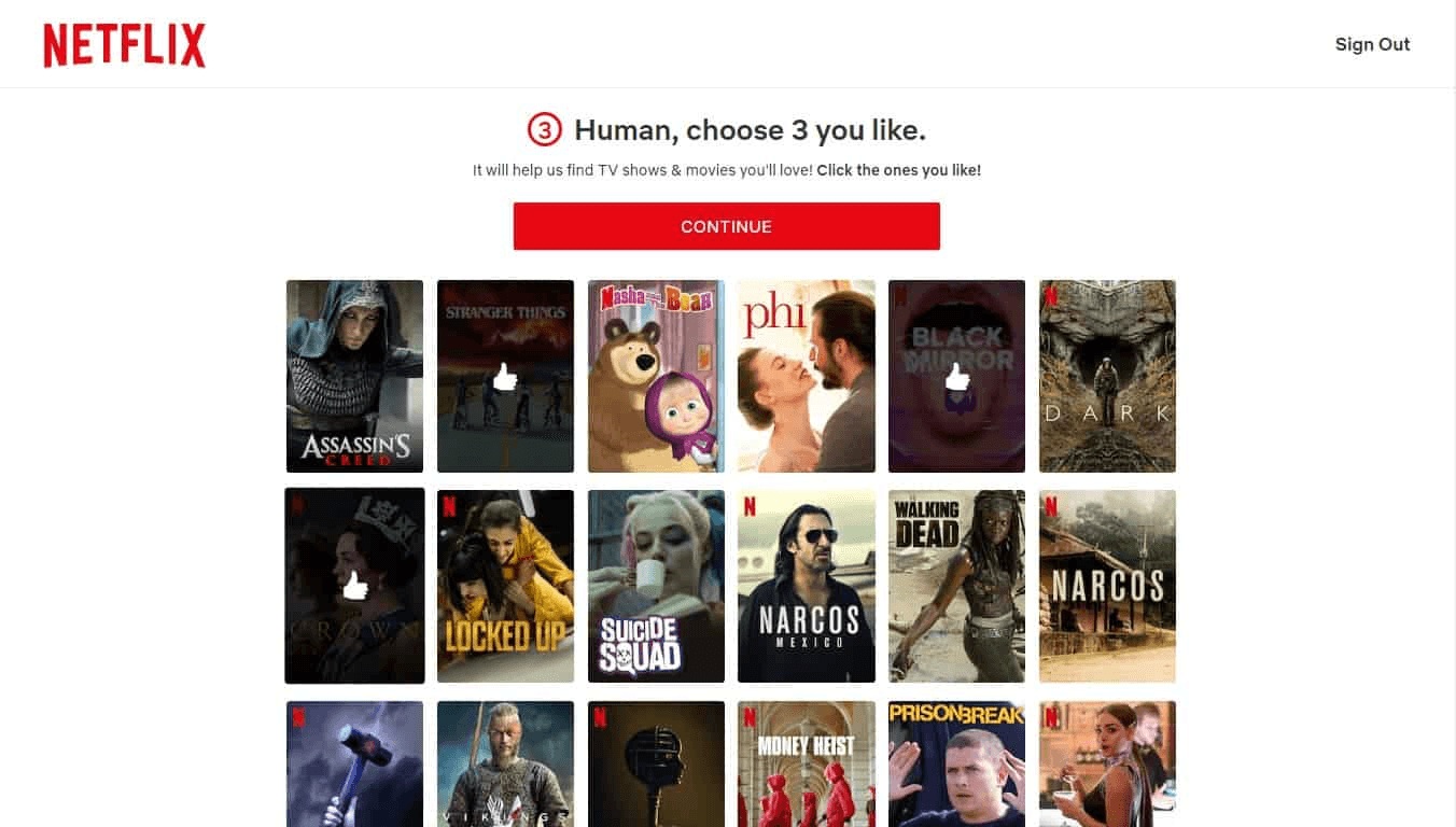 Netflix screen titled Human, choose 3 you like, with a grid of show posters and a Continue button