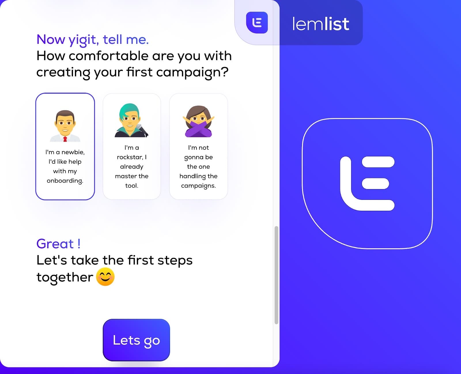 Lemlist question, How comfortable are you with creating your first campaign?, with three emoji answer cards