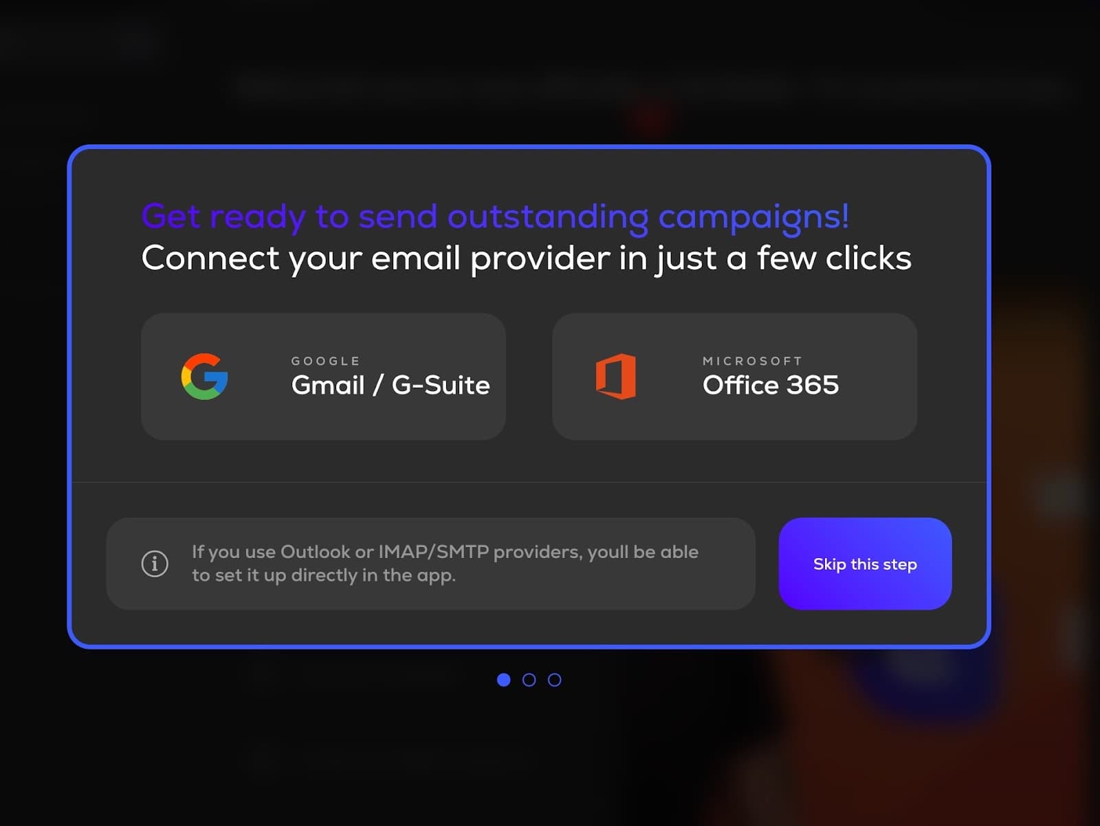 Lemlist step to connect an email provider, Gmail or Office 365, with a Skip this step button