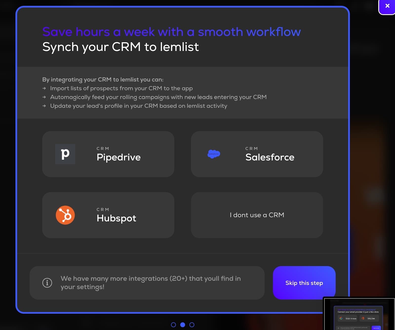 Lemlist step to sync a CRM, with Pipedrive, Salesforce, HubSpot or no CRM, and a Skip this step button