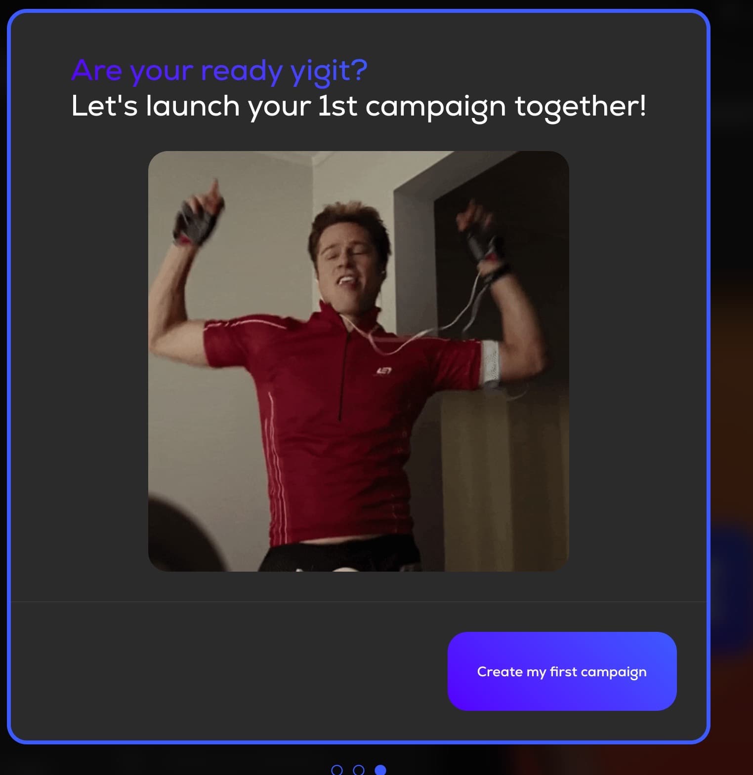 Lemlist screen, Let’s launch your 1st campaign together!, with a celebrating GIF and a Create my first campaign button
