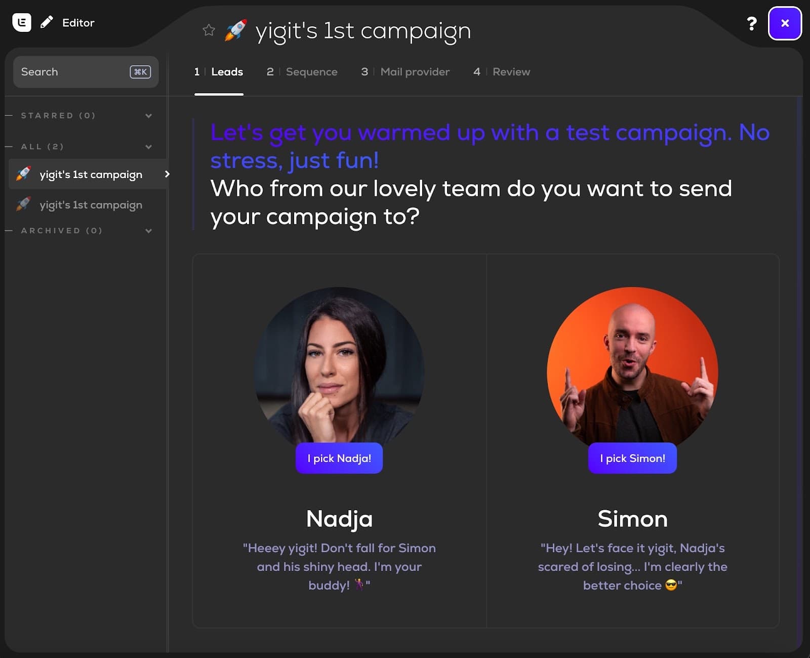 Lemlist test campaign step asking which team member, Nadja or Simon, should receive the campaign